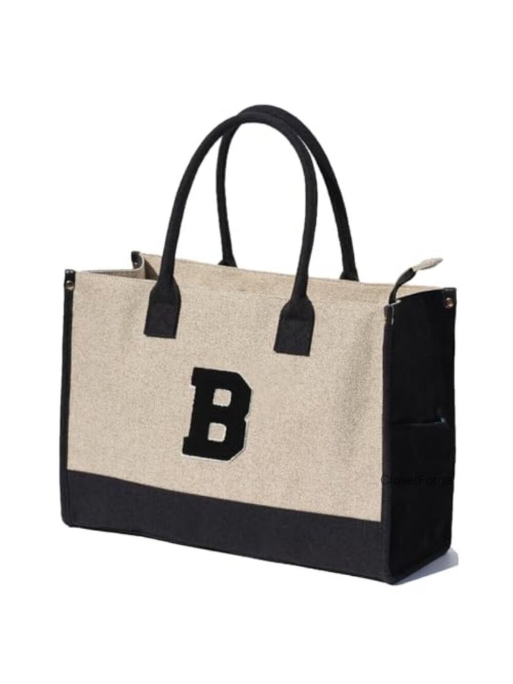 Canvas Tote Bag Linen Shoulder Bag Zipper Top Initial Letter Retro Utility Tote